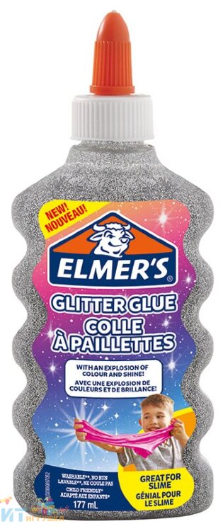Клей канцелярский с блестками Elmers "Glitter Glue" 177 мл для слаймов серебряный 2077255