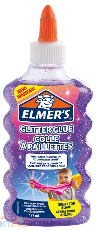 Клей канцелярский с блестками Elmers "Glitter Glue" 177 мл для слаймов фиолетовый 2077253