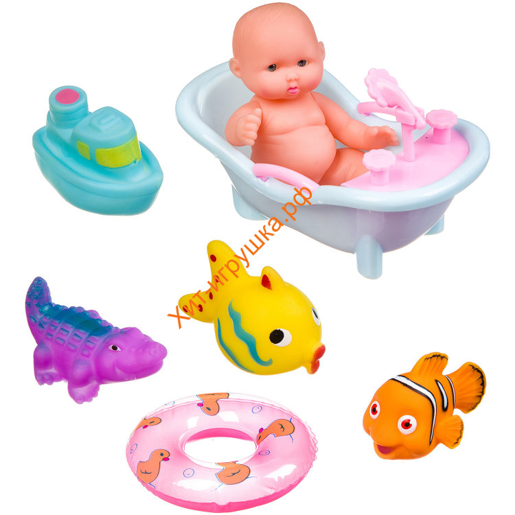 Набор игрушек для купания (пупс, ванночка, круг, рыбки, крокодил, катер) ВВ3366