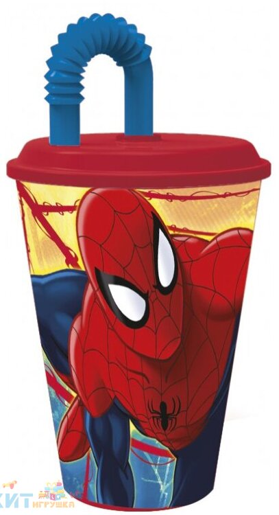 Стакан пластиковый с соломинкой и крышкой спортивный 430 мл Человек-паук Красная паутина 265223